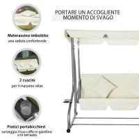 Dondolo Letto da Giardino 3 Posti con Tetto Regolabile e 2 Portabicchieri, 200x120x164 cm, Crema
