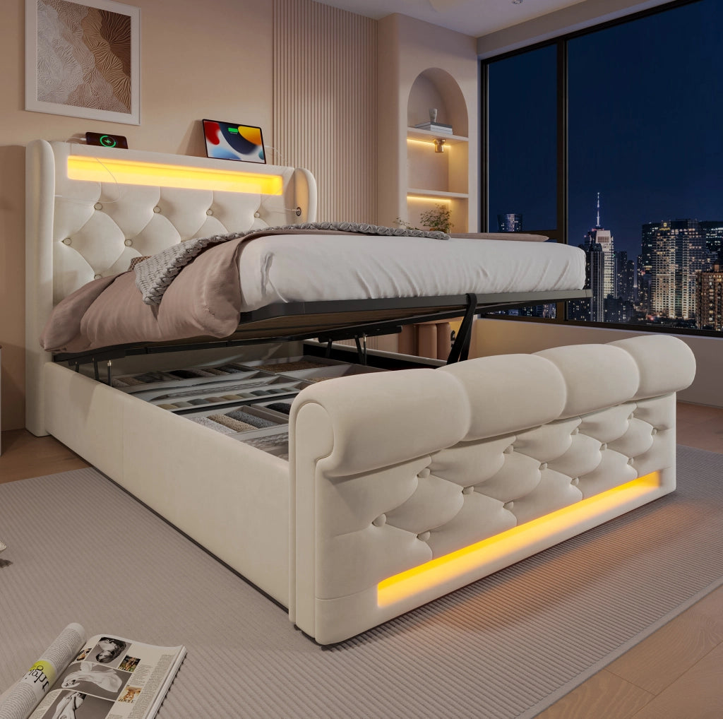 Letto singolo imbottito 90x200 cm in velluto beige con LED; ricarica USB e Type C; contenitore idraulico