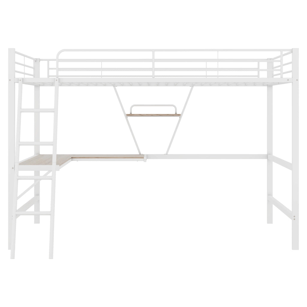 Letto a castello bianco in metallo con scrivania a l e scaffale 90x200 cm