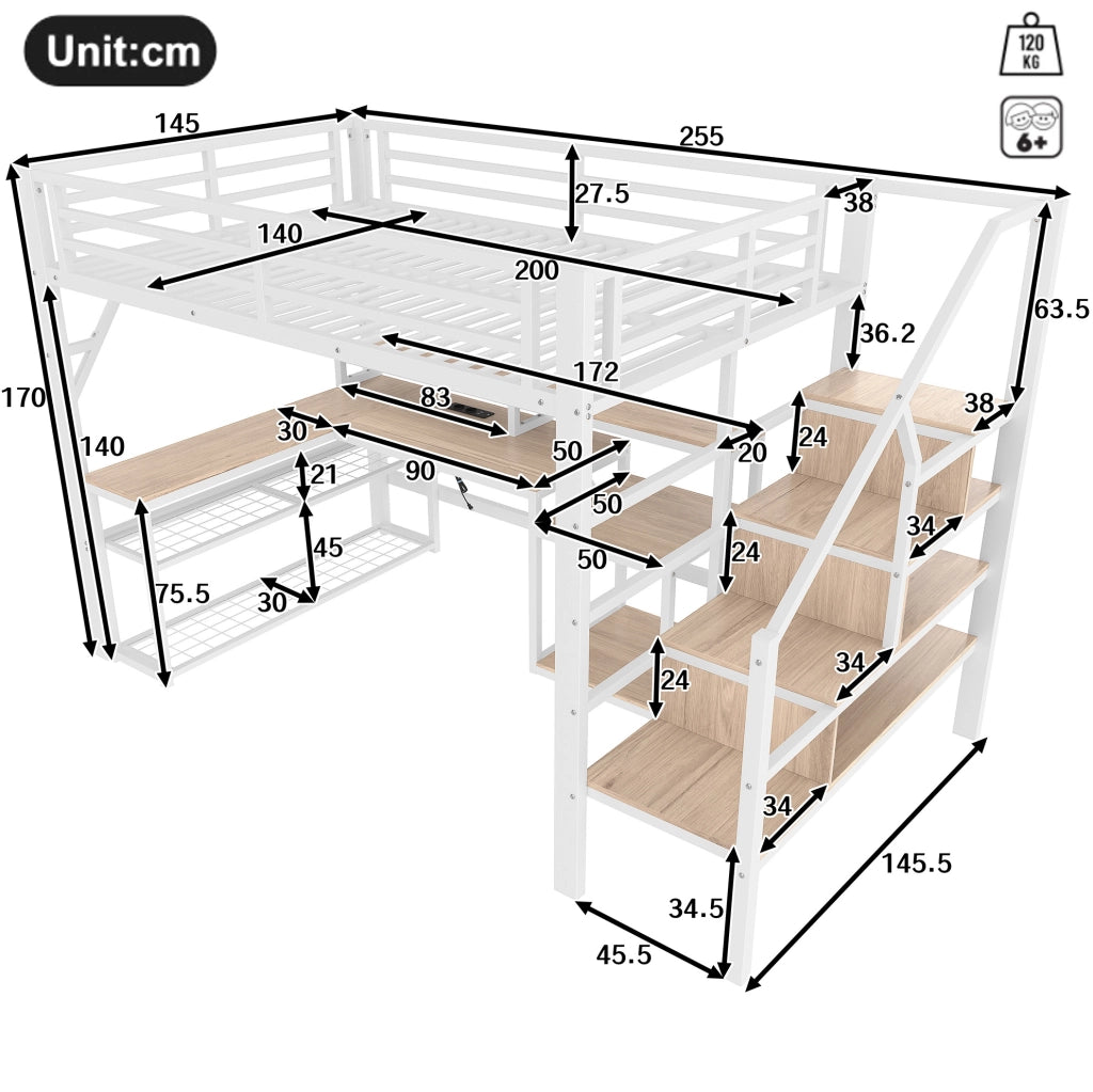 Letto a soppalco 140x200 cm con scrivania LED e USB bianco