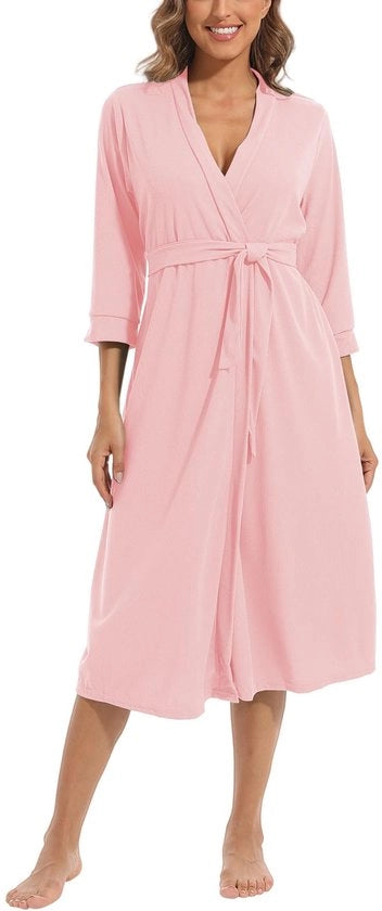 Kimono da Notte con Tasche per Donna, Camicia da Camera con Manica 3/4, V- Collo e Cintura, Robe da Camera con Tasche, Lunga e Leggera, Rosa