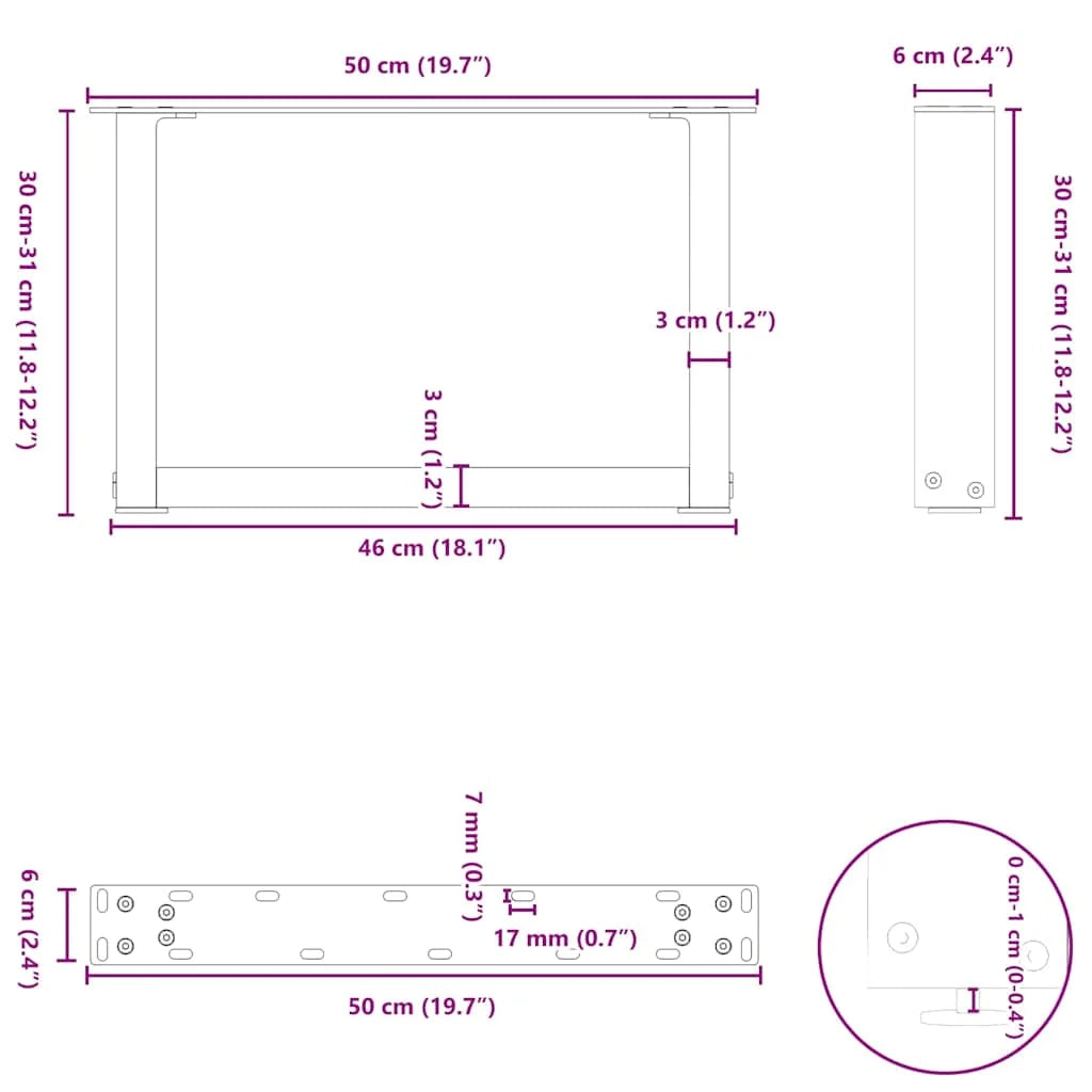 Set di 2 gambe regolabili per tavolino da caffè a forma di U 50 x 30 cm uso moderno acciaio nero 02_0057376