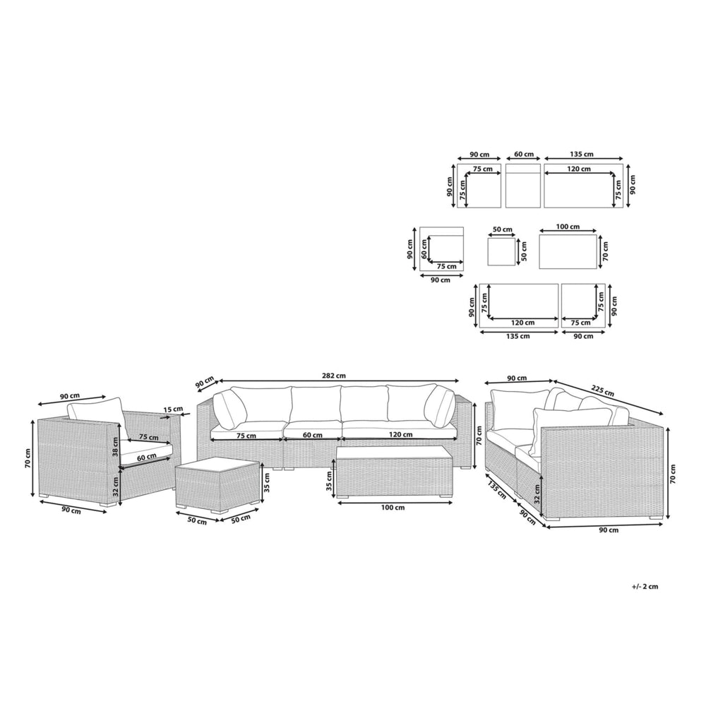 Set relax da giardino Cuscini in rattan marrone chiaro in PE color crema per 8 persone Set da 5 pezzi per esterni