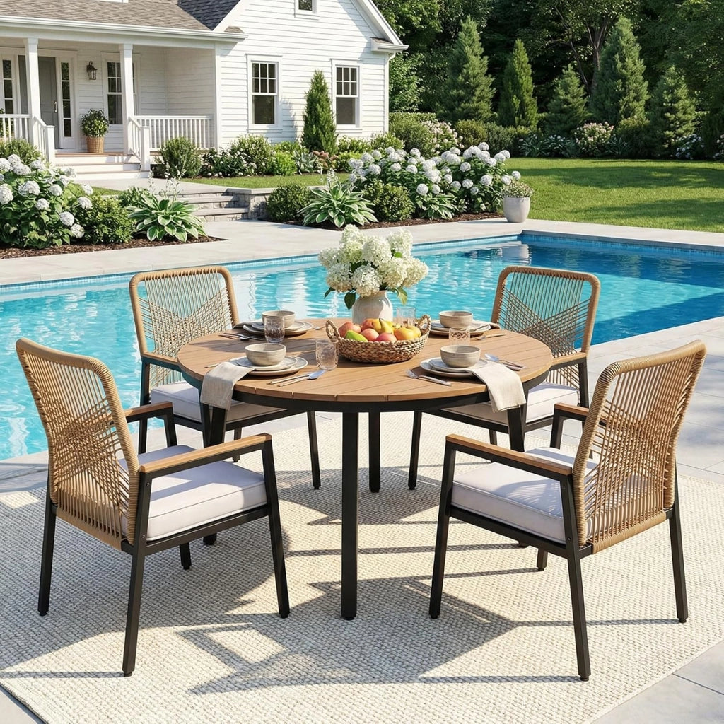 Sedie da giardino in rattan, Set da 2, Sedie da patio resistenti alle intemperie, Sedie da balcone in metallo, Portata massima 160 kg, Braccioli in WPC, Per patio, giardino e veranda, Beige