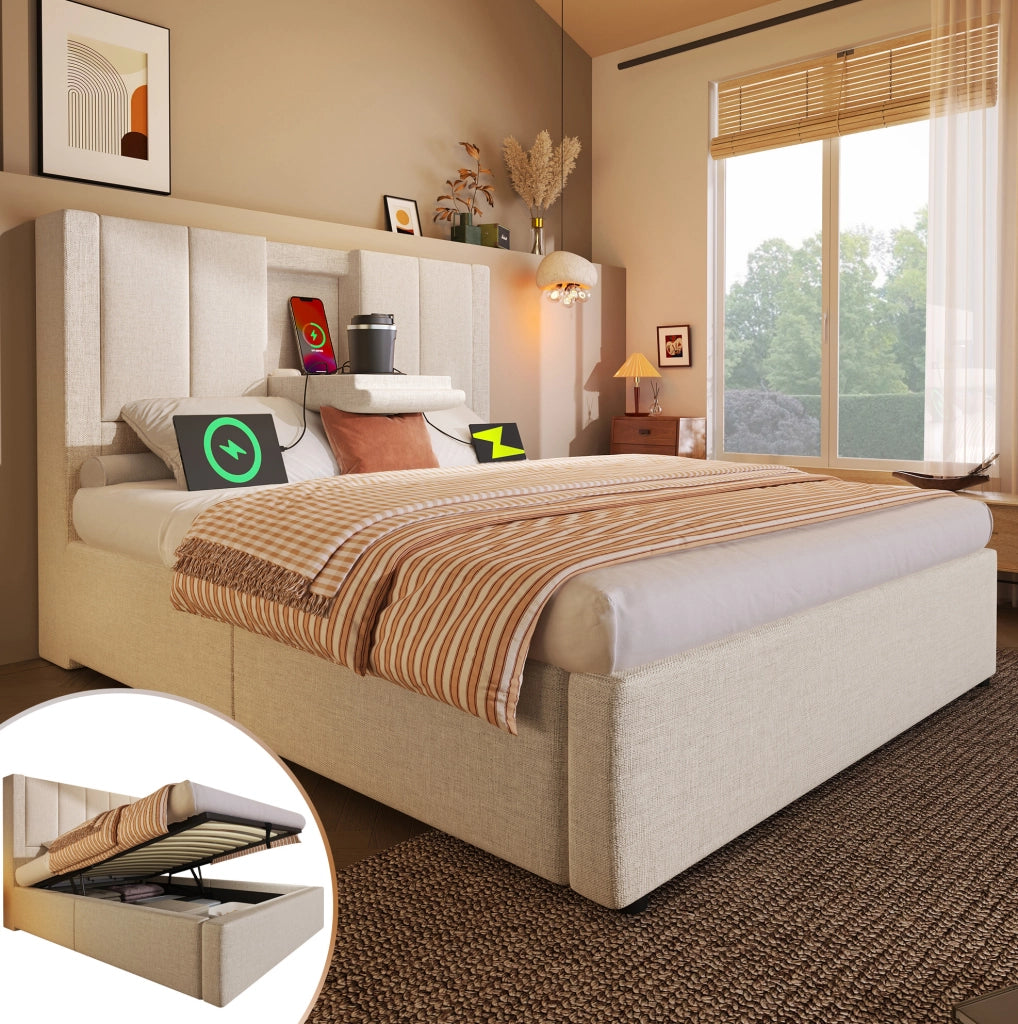 Letto imbottito 90x200 cm in lino beige con contenitore; portabicchiere a scomparsa e stazione di ricarica