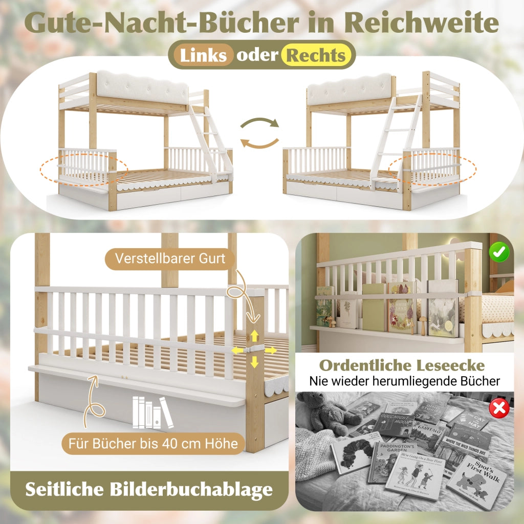 LETTO A CASTELLO 90x200/140x200 cm con cassetti e portariviste Bianco e Rovere