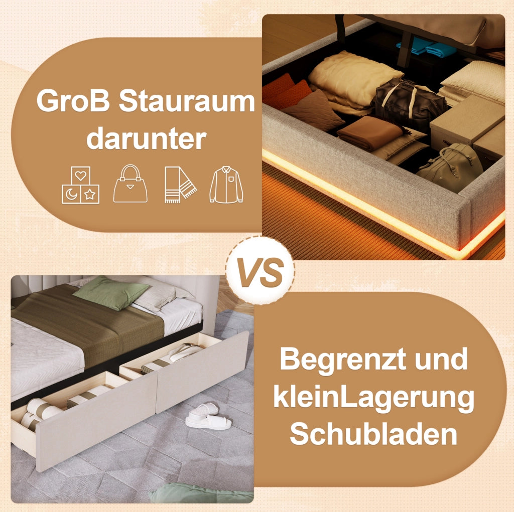 Letto imbottito 140x200 cm con LED; contenitore idraulico; USB Type-C; beige