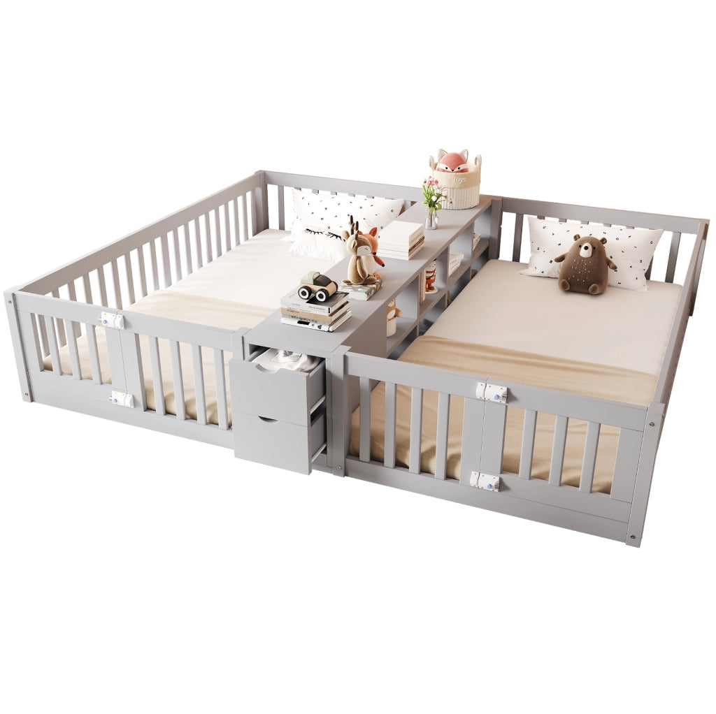 Letto 90x200 cm con sponde alte e cassetti in legno grigio