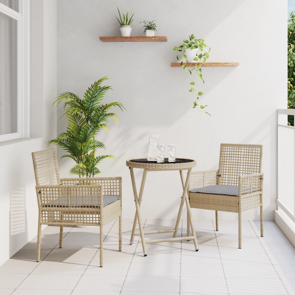 Set Bistro da Giardino a 3 Pezzi con Cuscini Beige in Polyrattan