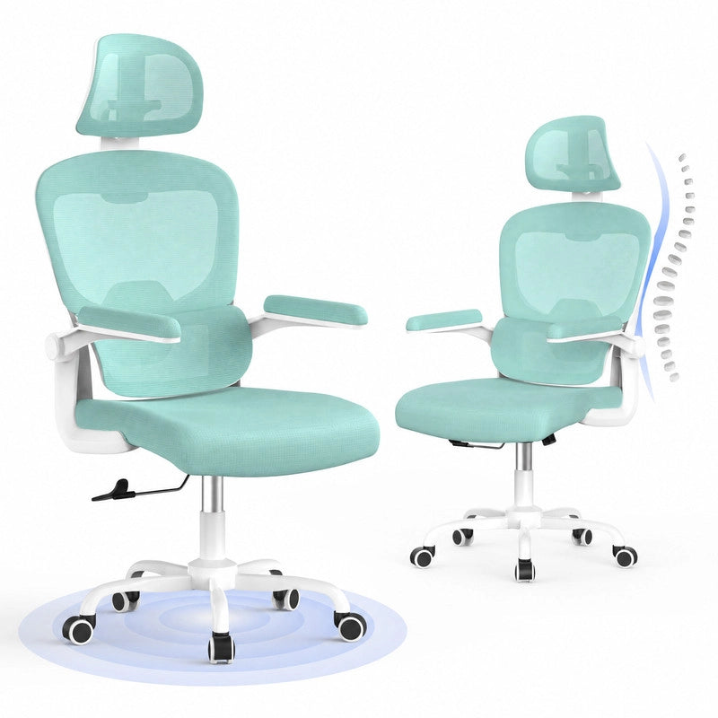 Sedia da ufficio ergonomica - Poltrona HAMLODY - con braccioli pieghevoli a 90° - Supporto lombare - Regolabile in altezza Verde