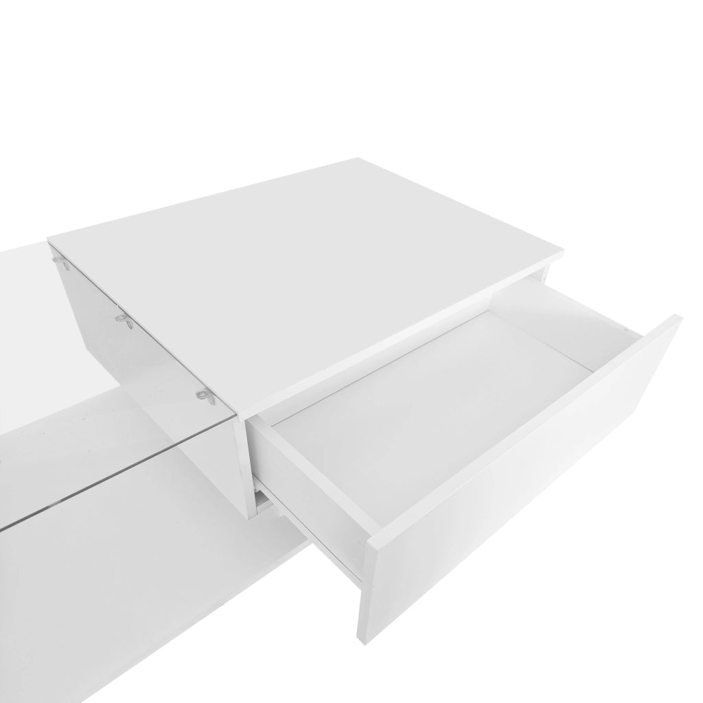 OKWISH Tavolino da Salotto Rettangolare con 1 Cassetto, LED e Piano in Vetro, per Soggiorno, Bianco, 100×50×32 cm
