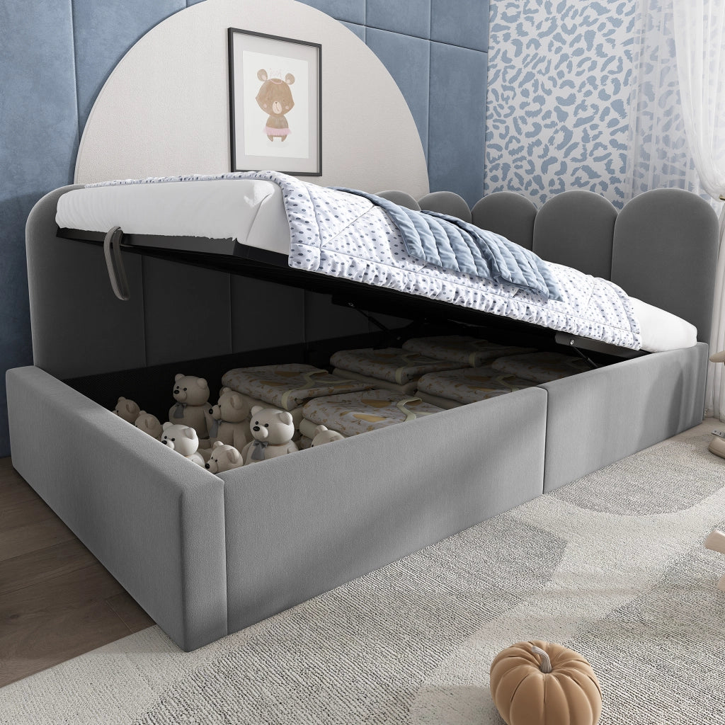 OKWISH Letto a Divano 90×190 cm, Letto Singolo con Vano Contenitore Idraulico, Sponde e Testiera, senza Materasso, in Velluto, Grigio