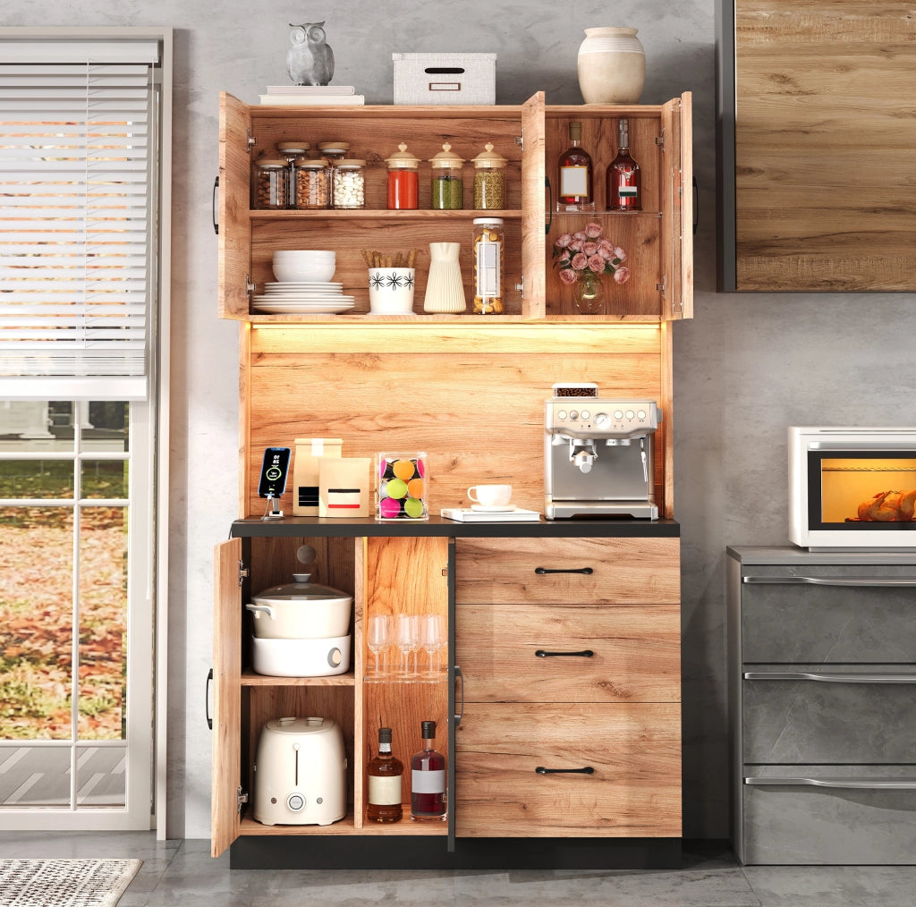 Credenza cucina moderna 105x40x180 cm in MDF; nero effetto legno con LED e prese