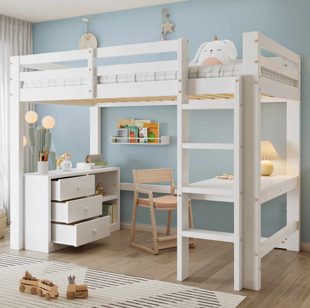 Letto a soppalco 90x200 cm bianco in legno e MDF con scrivania