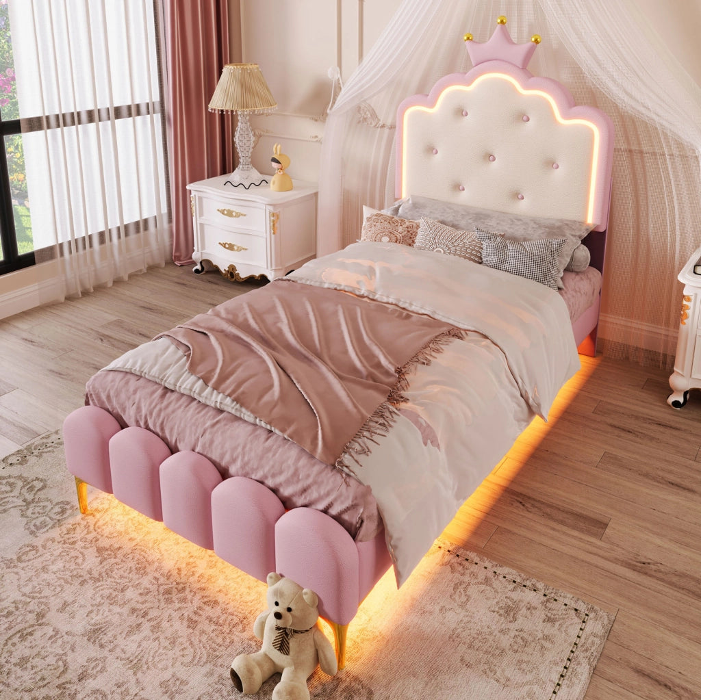 Letto imbottito 90x200 cm; luci LED regolabili; PU; rosa (Senza materasso)