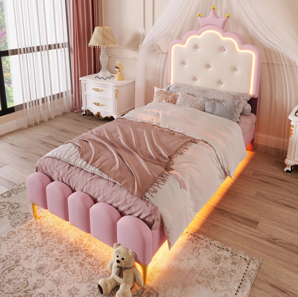 Letto imbottito 90x200 cm; luci LED regolabili; PU; rosa (Senza materasso)