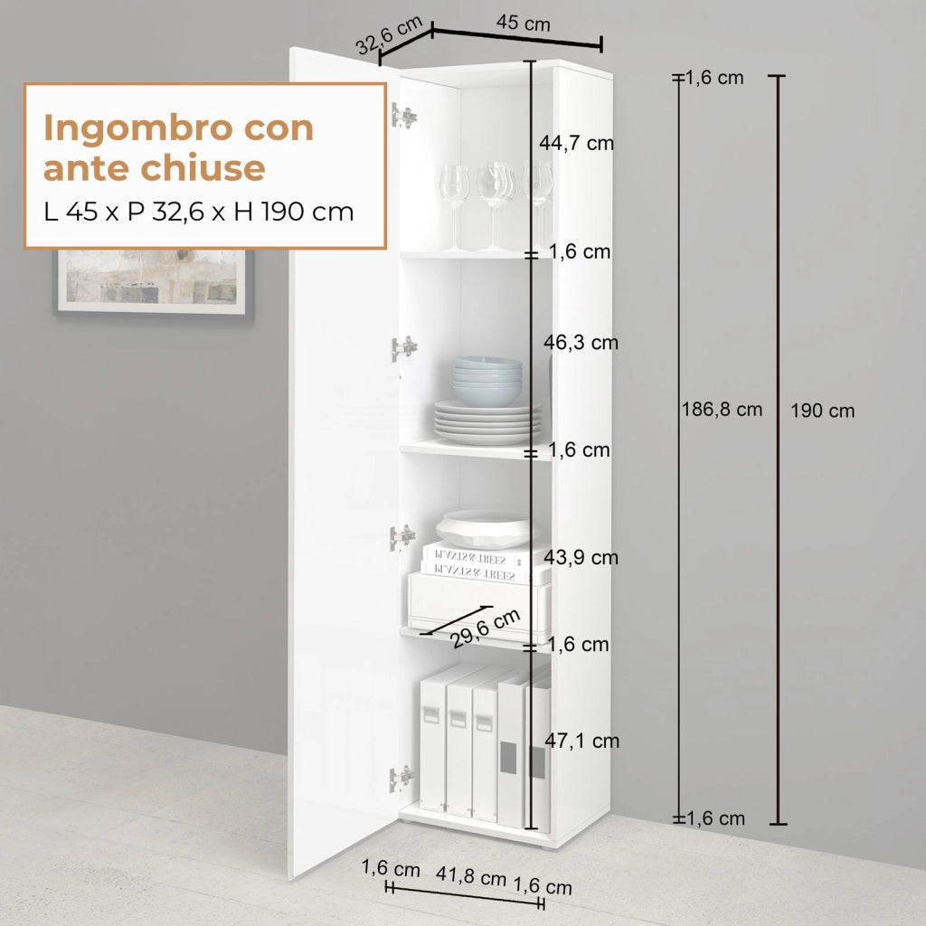 WHOUS Armadio a colonna Egypt con 1 anta e 3 ripiani bianco lucido 45x34,2x190 cm