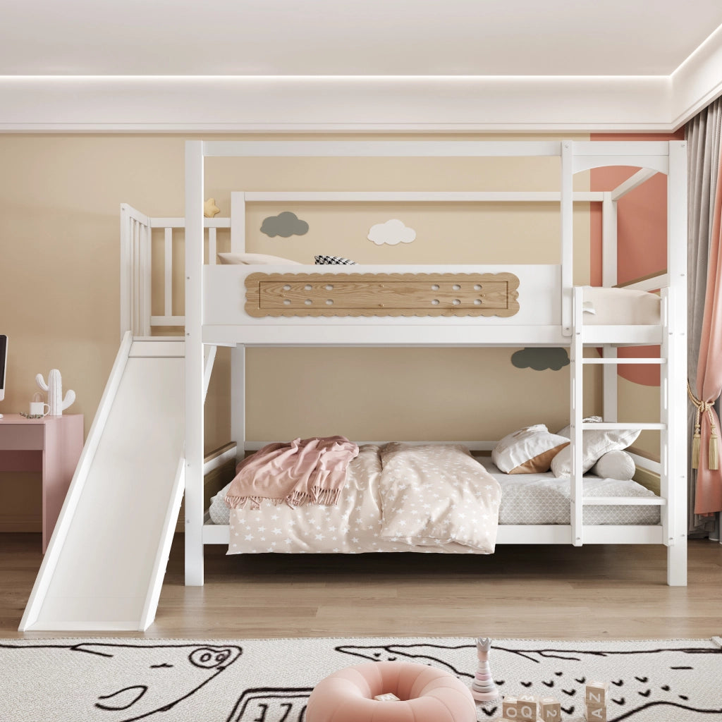Letto a castello per bambini 90x200 cm con scivolo; scala larga e sponde; legno naturale e bianco