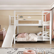 Letto a castello per bambini 90x200 cm con scivolo; scala larga e sponde; legno naturale e bianco
