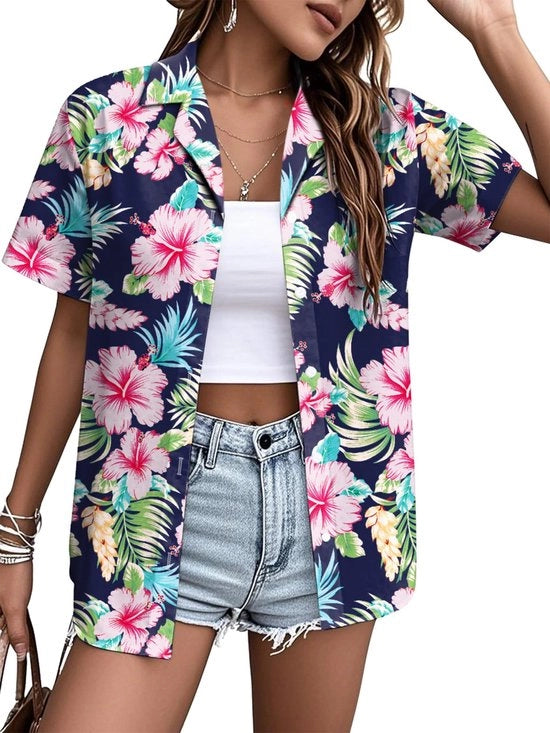Camicia Hawaii per donne - Fiori - Camicia a bottone - Camicia - Maniche corte - Leggera - Estate/strada/ospiti - Camicia a fiori