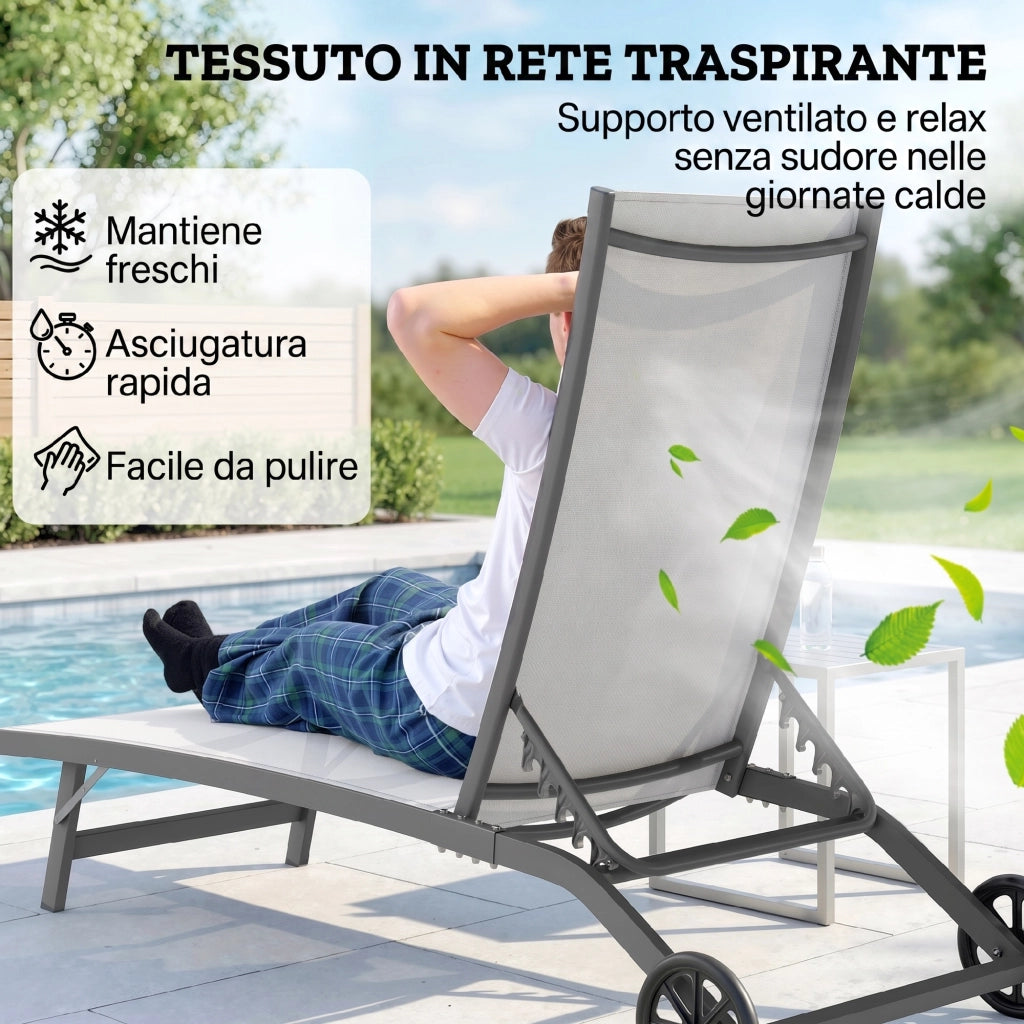 Set 2 Lettini Prendisole con Schienale Reclinabile, in Alluminio e Tessuto Traspirante, 66x165x102 cm, Crema