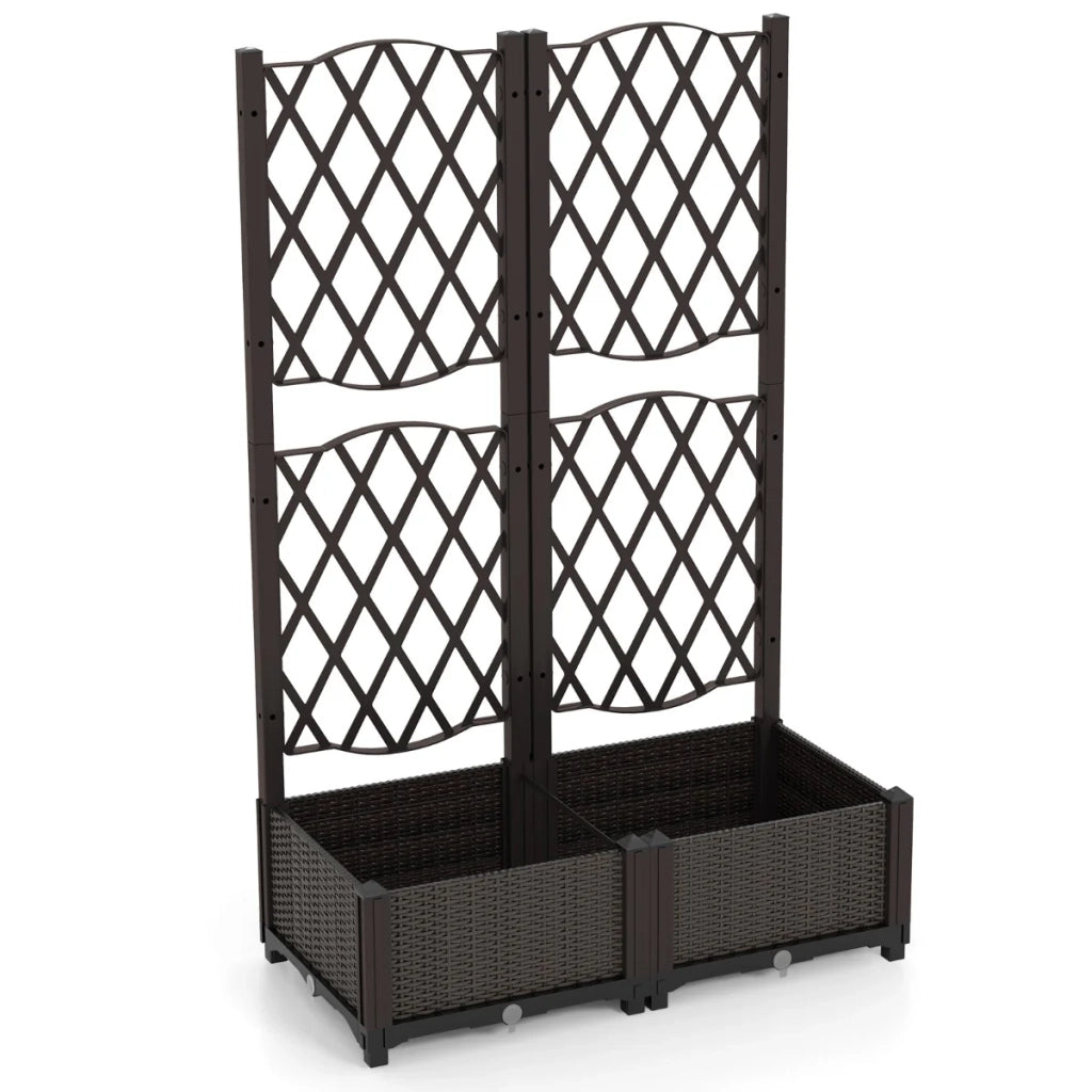 Fioriera con doppio traliccio vassoio autoirrigante 80 x 40 x 122 cm design rustico PE marrone 20_0012201