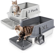 Pacco da 3 di scatole per gatti in acciaio inossidabile, grande scatola per gatti in metallo con cucchiaio, pedale filtro, non adesivo, inodore, facile da pulire (grigio scuro, grigio chiaro e nero) (XL, pezzi, 2)