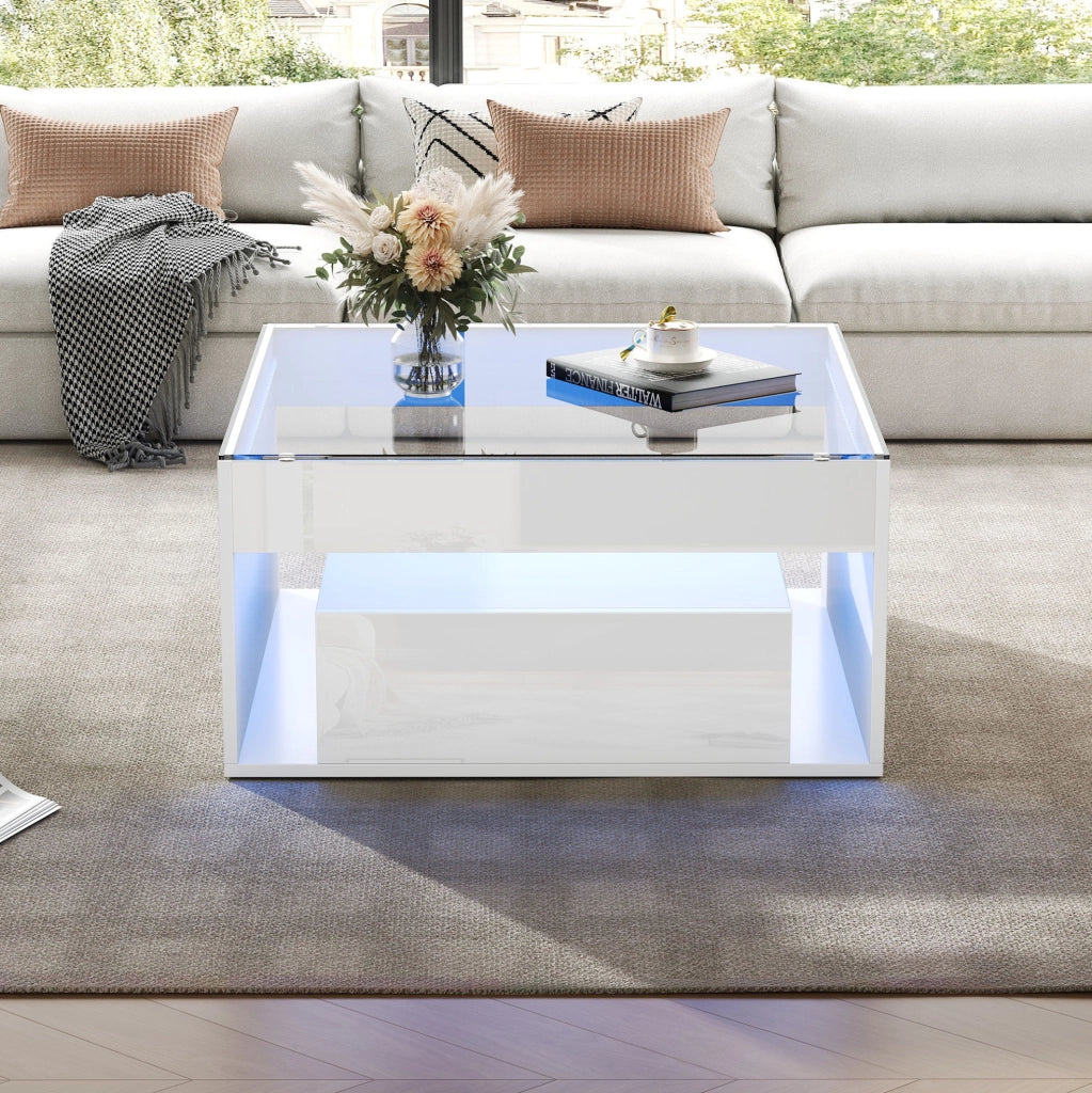 Tavolino da caffè 70x70x35 cm; con LED e piano in vetro temperato; MDF bianco