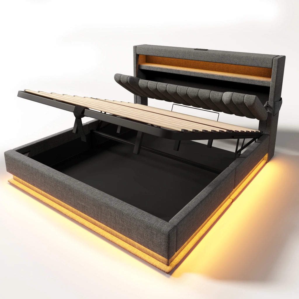 Letto matrimoniale 180x200 cm con testiera contenitore, LED, USB e Type-C, grigio, lino