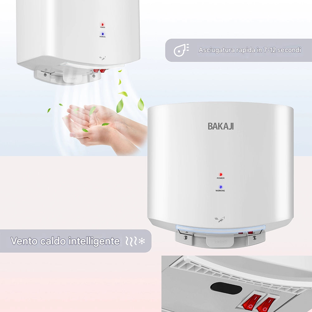 Asciugamani Elettrico a Parete Automatico per Bagno 1400W Aria Fredda e Calda