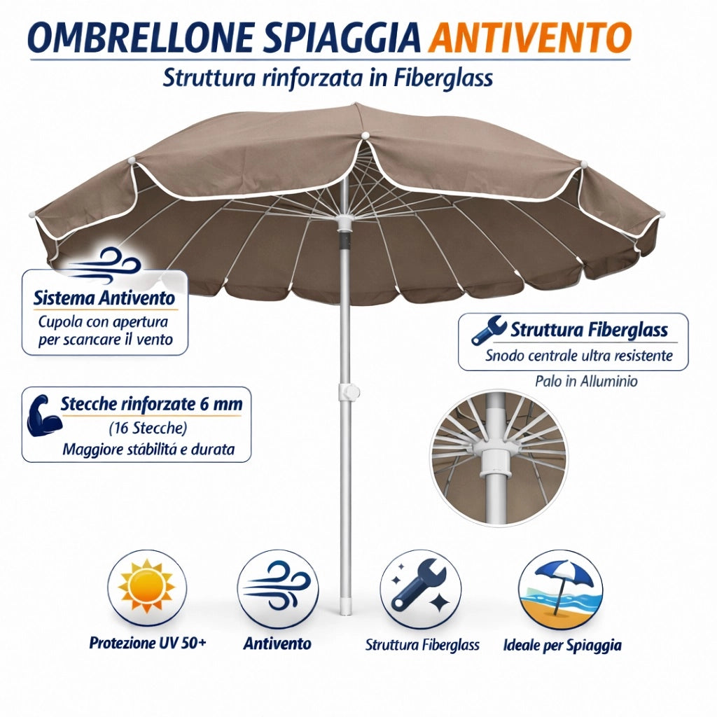 Ombrellone Mare 220 cm Antivento UV50+ 16 Stecche Fibra Palo Alluminio Inclinabile