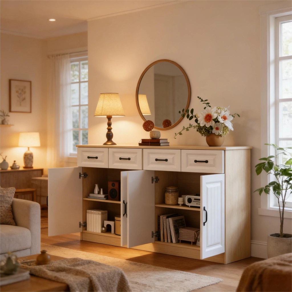Credenza con 4 ante; 4 cassetti e ripiani regolabili per cucina in MDF 160 x 35 x 80 cm - bianco e naturale