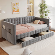 Letto imbottito 90x190 cm con testiera trapuntata, tasche laterali e 2 cassetti