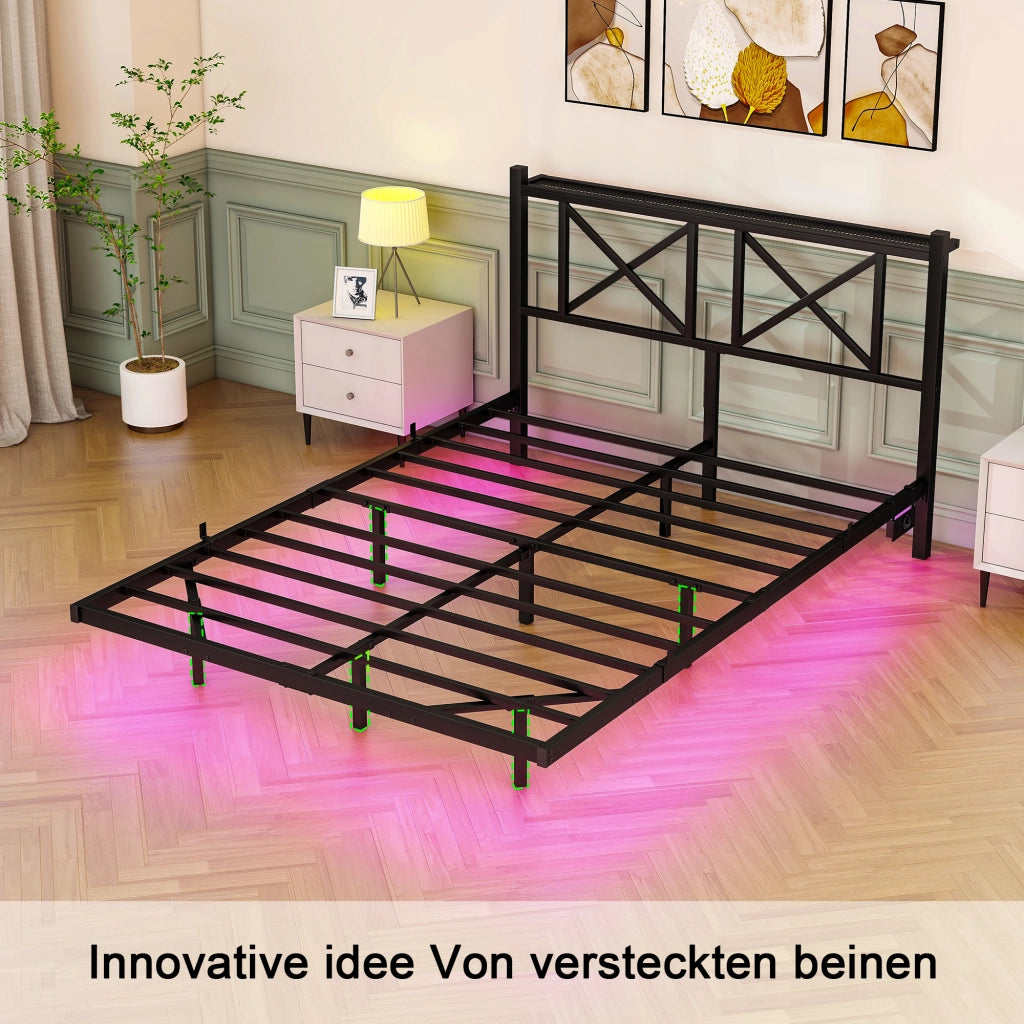 LETTO 140x200 cm in metallo nero con LED, stazione di ricarica e testiera