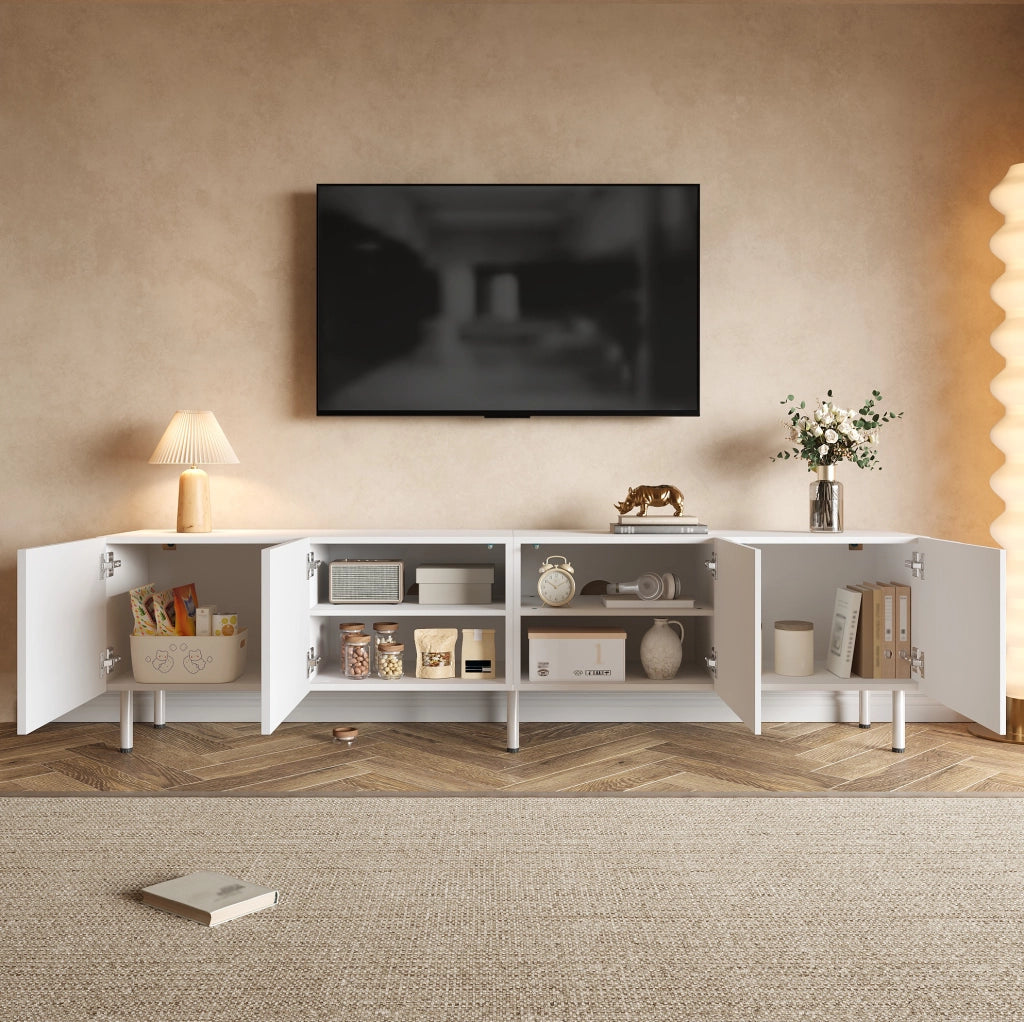 Mobile TV 170x35x50 cm con 4 ante e push-to-open in PB e MDF bianco