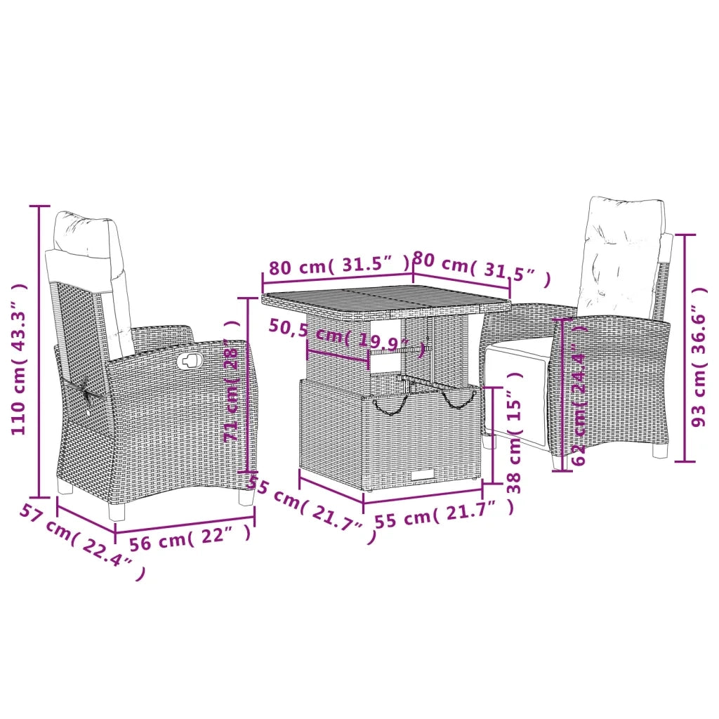 Set da Pranzo da Giardino 3 pz con Cuscini in Polyrattan Grigio 3277399