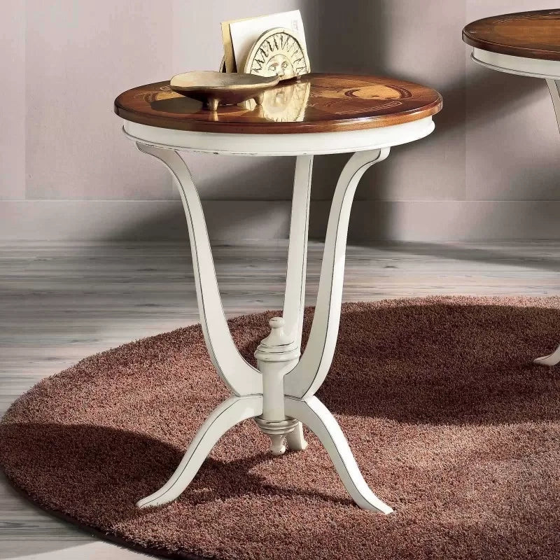 Tavolino rotondo legno intarsiato shabby 60x60x73 - Mobili 2G