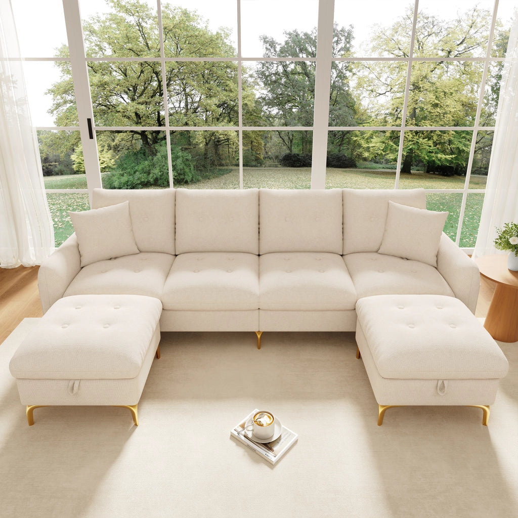 Divano modulare 4 posti con pouf contenitore 263x137x85 cm in ciniglia beige