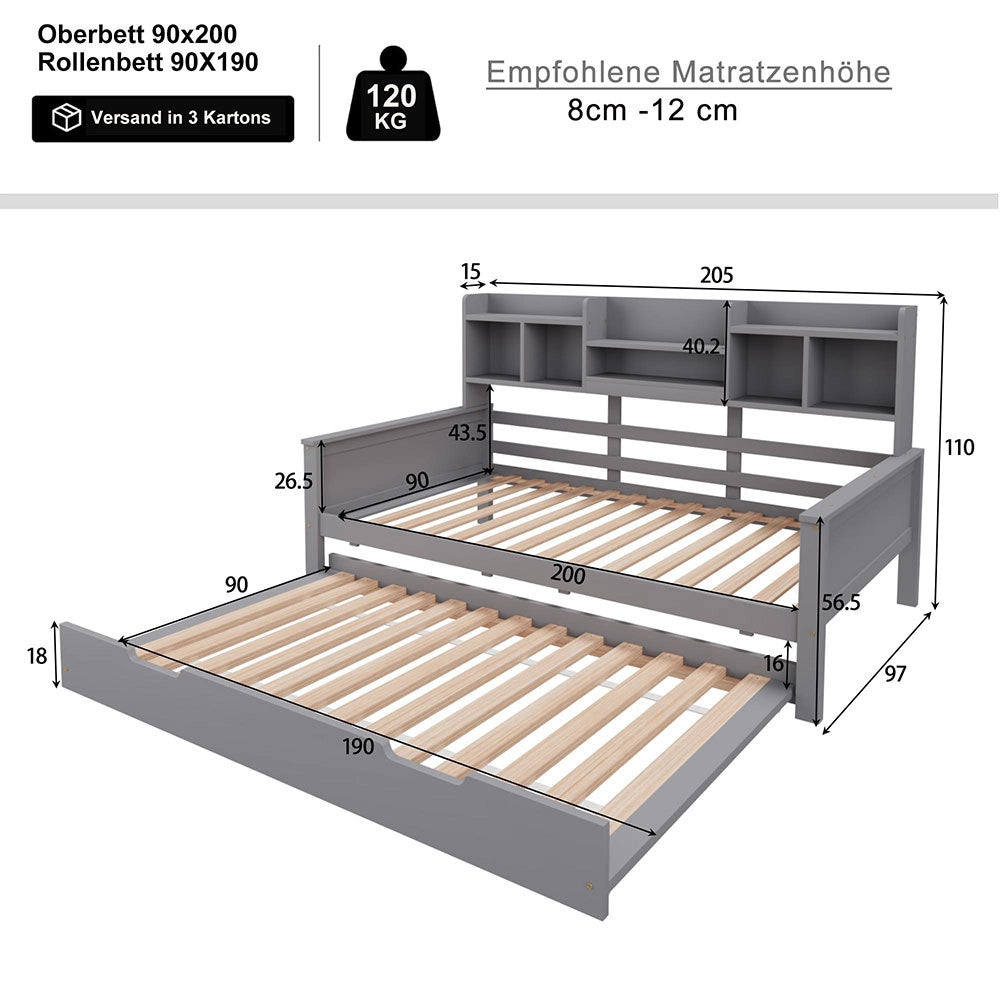 Divano letto in legno 90x200cm - Xylo - grigio, estensibile 90x190cm, pino