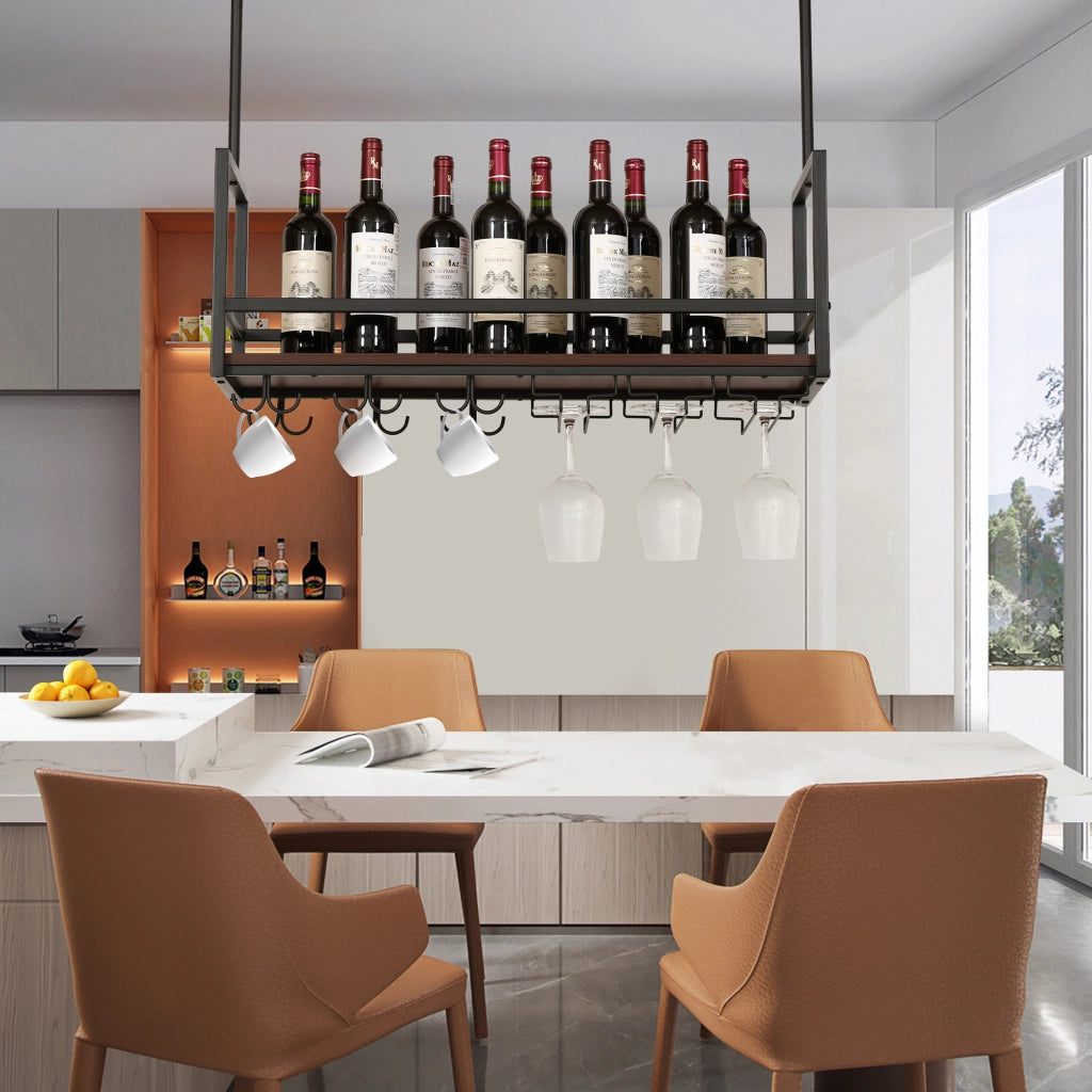 Portabottiglie Sospeso da Soffitto Borejle con Portacalici e Ganci per Tazze 80x30x65 cm Nero / Effetto Noce [en.casa]