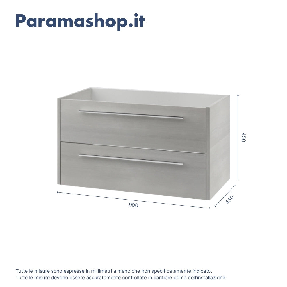 Mobile bagno sospeso 90cm rovere cenere due cassetti soft-close con lavabo e specchio | Aoki