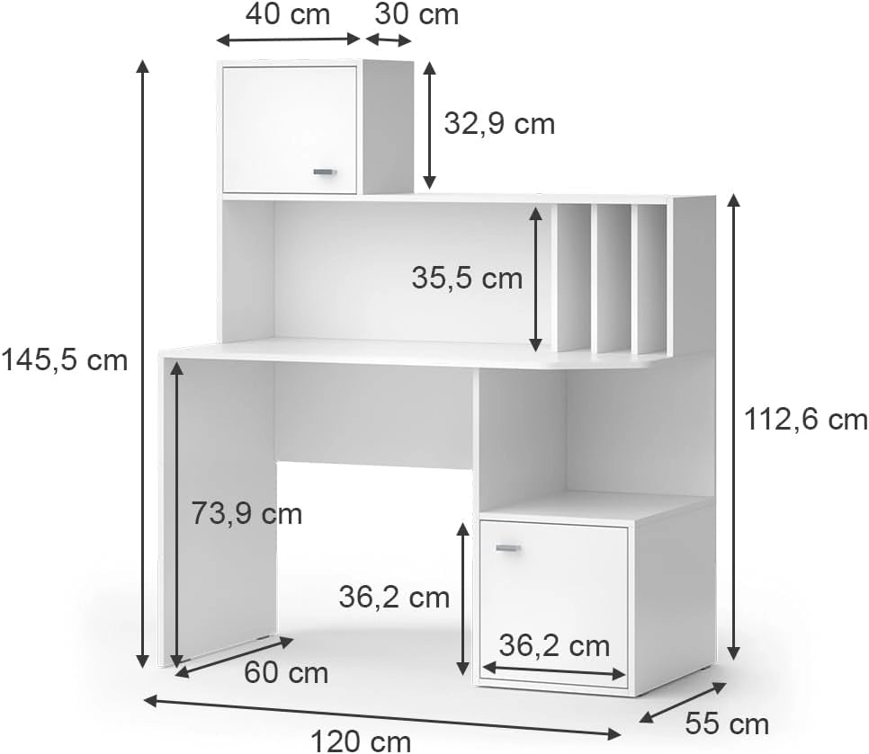 Scrivania con ripiani Alwin, Bianco, 115 x 55 cm con 2 porte, adatto all'uso come postazione di lavoro con superfici d'appoggio