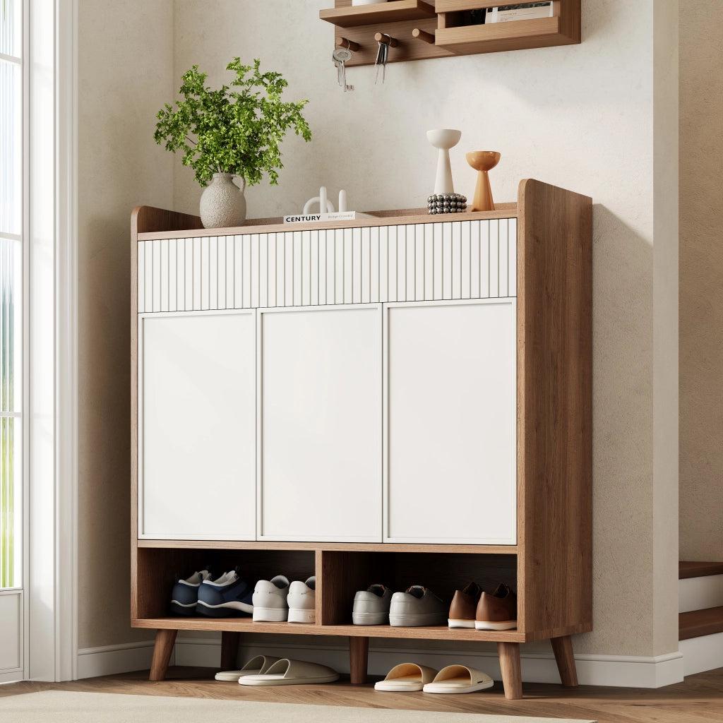 Scarpiera Consolle con 3 Ante e 2 Cassetti ¨C MINIMAL ¨C Bianco/Legno, 90x35x100 cm