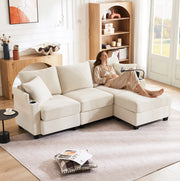 Divano angolare 213.5x139x87 cm con USB; portabicchieri; ripiano bracciolo e 2 cuscini in corduroy beige