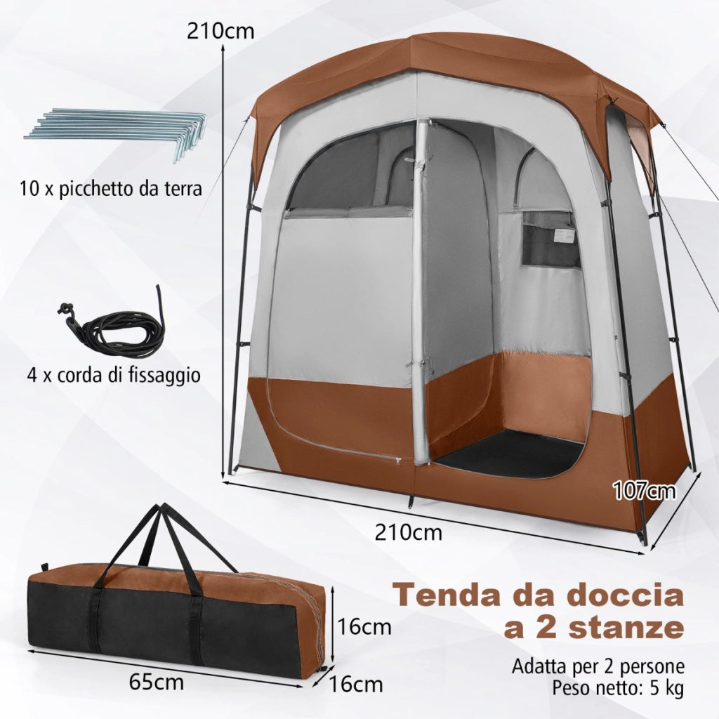 Tenda da doccia a 2 stanze con parapioggia rimovibile borsa per il trasporto, Tenda grande per la privacy Marrone-Tende
