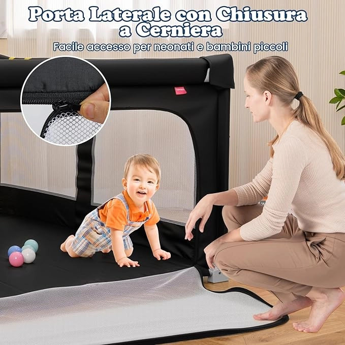Box per Bambini 150 x 150 cm, Recinto per Bambini Pieghevole in Tessuto Oxford con Rete Traspirante, Box con Giochi che Include 50 Palline, 4 Pezzi Anelli e Borsa (Nero, 150 x 150 cm)