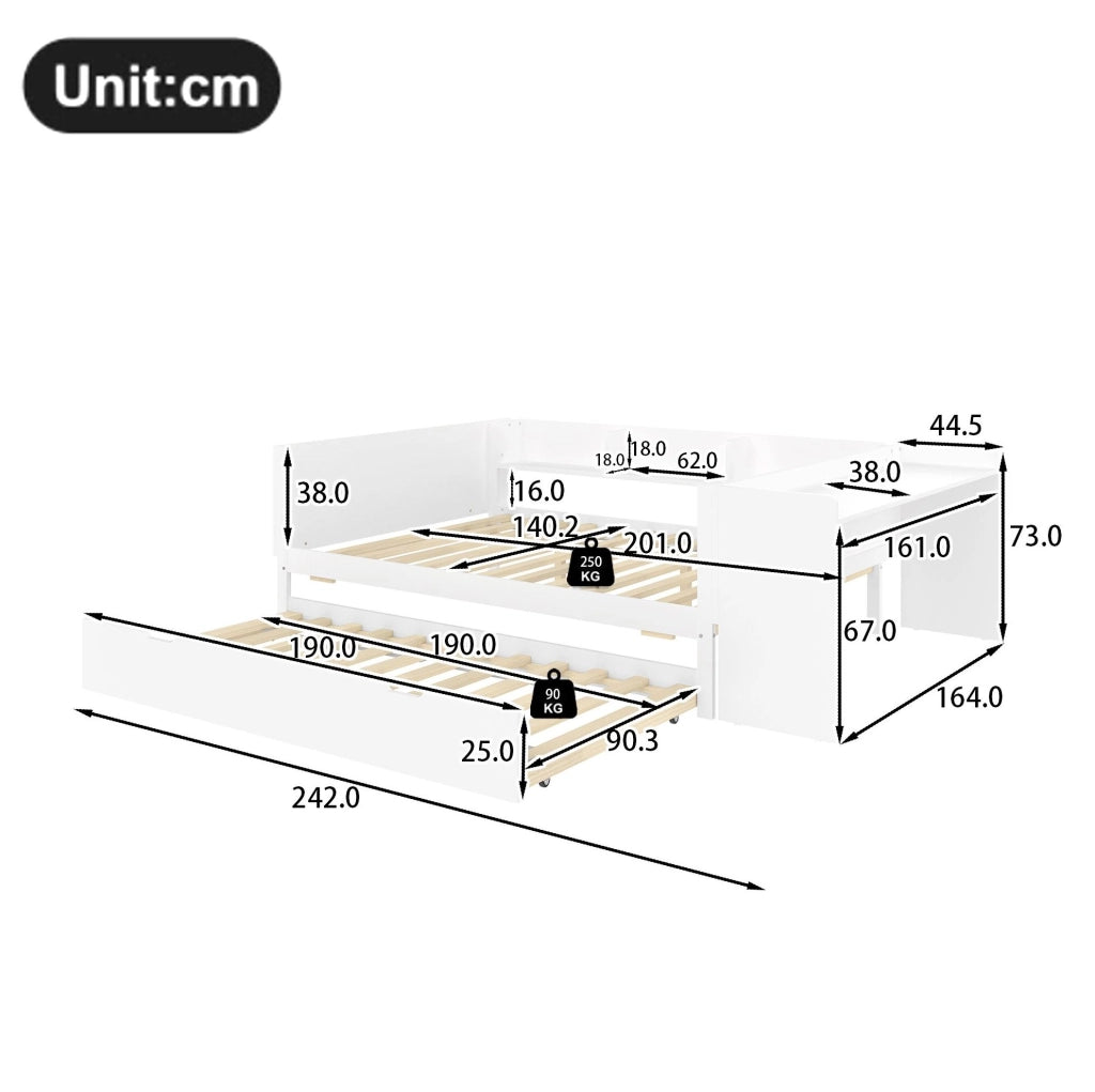 Letto 140x200 cm con scrivania; letto estraibile e ripiani in legno e MDF bianco