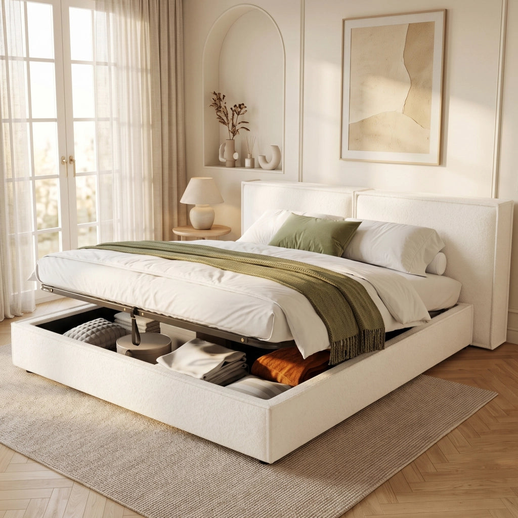Letto matrimoniale 180x200 cm in Bouclé bianco con contenitore idraulico, rete a doghe e testiera imbottita