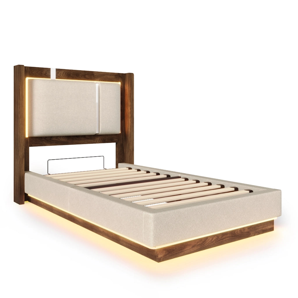 Letto singolo 90x200 cm con rete, LED, contenitore idraulico e testiera imbottita beige