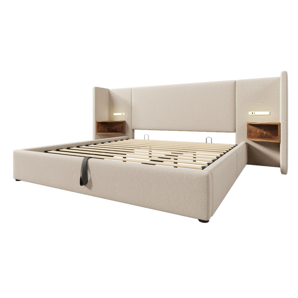 DESMIU Letto contenitore letto matrimoniale con mensole, USB, Type-C e luce da lettura, 180 × 200 cm, senza materasso